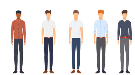Obraz premium Diverse group of young men in various casual and formal outfits standing in a row isolated on white background for fashion and lifestyle concepts