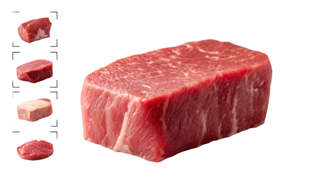A detailed overhead view of a raw uncooked slab of red meat possibly a beef steak or roast resting on a solid vibrant green surface creating a simple visual contrast.