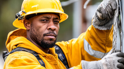Maintenance engineer worker in yellow hard hat and jacket performs electrical work with focus and determination
