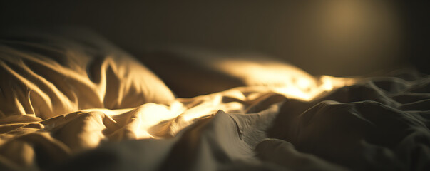 Soft morning light gently illuminates rumpled bed sheets in a cozy bedroom space