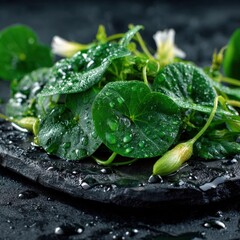 Lush Green Asiatic Pennywort Leaves with Dew Drops on Dark Stone Background Perfect for Spa Wellness or Herbal Remedies