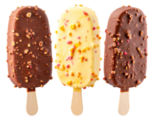  Three Swirl Candy Glazed Vanilla Ice Cream Bars on Sticks in a Diagonal Row, different angles, isolated transparent background png