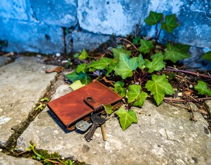 Lost leather wallet with keys on stone ground