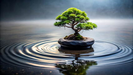 Tiny bonsai tree on polished black stone with rippling water
