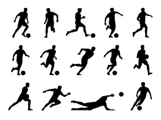 Set of 14 Black Football Player Silhouettes – Various Action Poses Including Running, Kicking,...