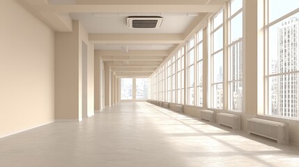 Bright Empty Office Space with Large Windows and City View, Ideal for Commercial Use