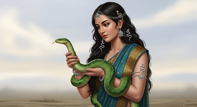 Manasa Devi closeup with green snake and silver jewelry hindu naga goddess