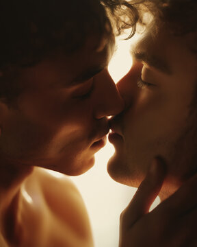 Close-up portrait of gay couple kissing, eyes closed, tender intimate moment with soft backlight, realistic skin tones and textures, LGBTQ+ love and romance concept. Generative AI.
