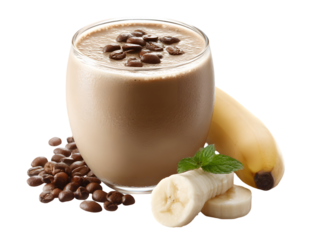 Creamy Banana Coffee Delight: Indulge in a delicious smoothie featuring a blend of ripe bananas and aromatic coffee beans, all perfectly presented with a touch of fresh mint. A refreshing treat!