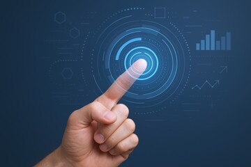 Human Finger Touching Digital Interface on Blue Background Representing Technology and Data Visualization
