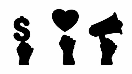 Black silhouettes of hands holding a dollar sign, heart, and megaphone, symbolizing values and voice