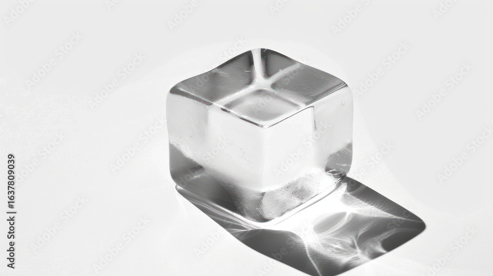 Aufkleber glimmering ice cube with reflections and shadows on white surface, isolated on bright background per