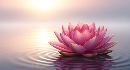 Serene pink lotus flower on water at sunrise