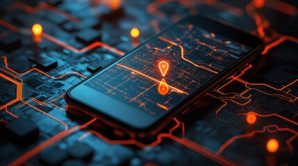 Smartphone on Circuit Board with Location Pin Graphic for Technology and Navigation Concepts in Urban Environment
