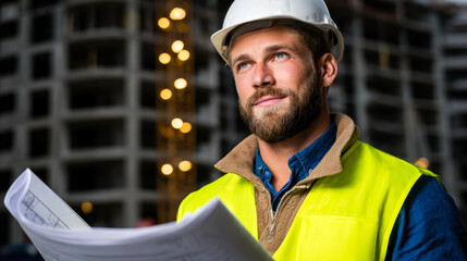Civil engineer inspects construction plans with thoughtful expression, wearing hard hat and safety vest on building site