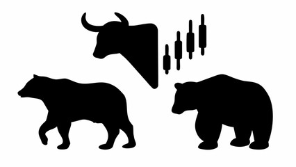 Silhouette illustration of bull and bear stock market symbols with candlestick chart on a white background