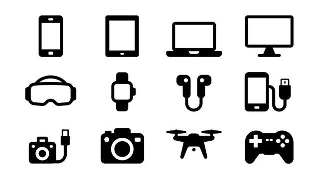 Silhouette icons of modern technology devices: smartphones, gadgets, and game controllers