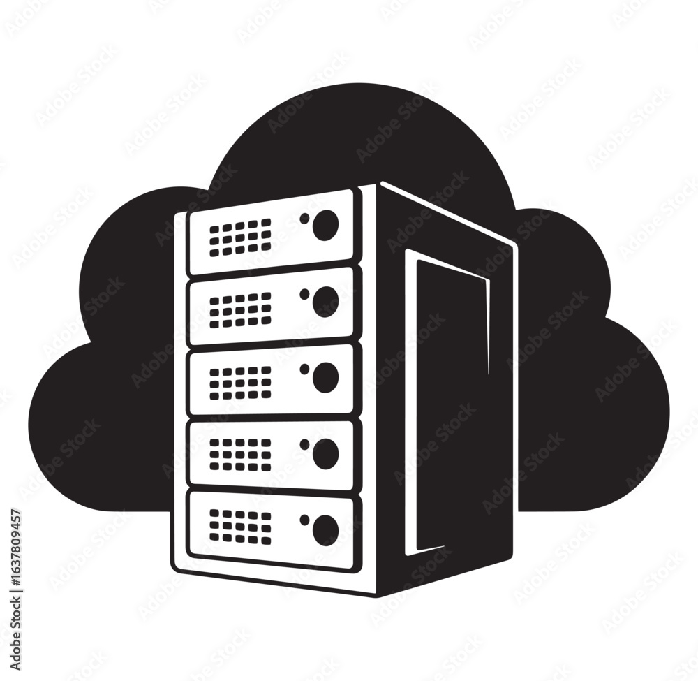 Poster data center server rack with cloud symbol representing cloud computing storage
