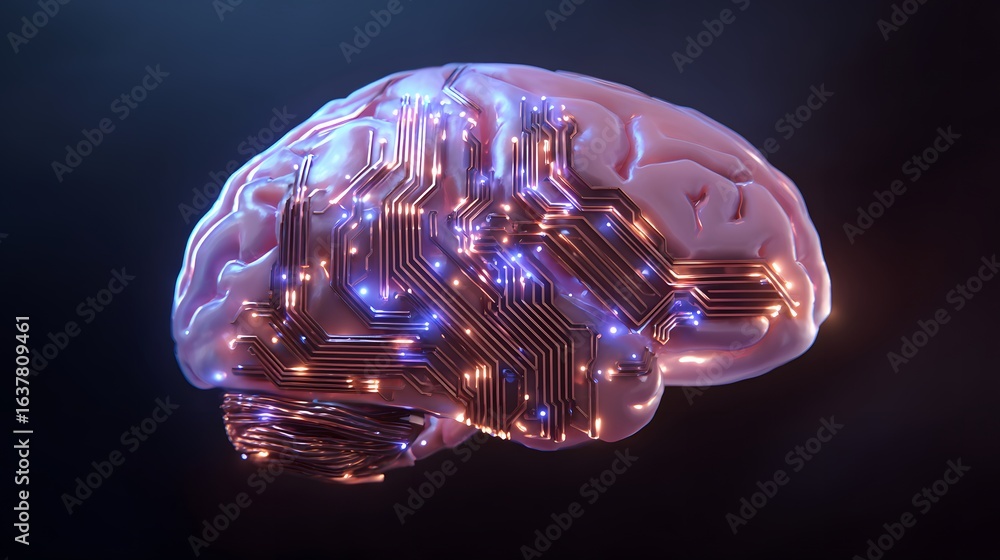 Poster digital brain with circuit board design.