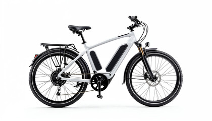 Sleek modern electric bike on white background, minimalist and urban design.
