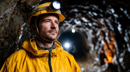 Mining engineer wearing yellow jacket and helmet with headlamp stands confidently underground tunnel, showcasing determination
