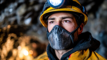 Underground mining engineer wearing safety gear, focused work dimly lit environment, showcasing dedication and professionalism