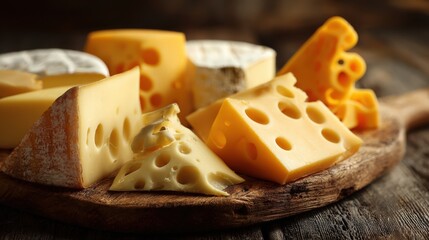 Cheese Assortment on Rustic Wooden Board, Delicious Dairy Food Still Life