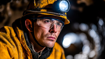 Underground mining engineer wearing safety gear, focused work, illuminated by headlamp, showcasing determination