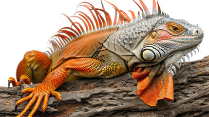 Fototapeta premium Vibrant Iguana Sunbathing on a Wooden Log with Detailed Scales and Colorful Skin Patterns
