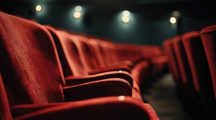 Empty Red Theater Seats: Cinematic Venue Interior with Plush Seating and Elegant Design for Entertainment