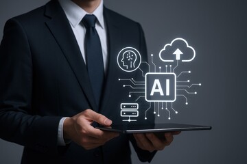 AI Technology Integration: Businessman Holding Tablet Displaying Artificial Intelligence Interface, Cloud Computing and Data Servers