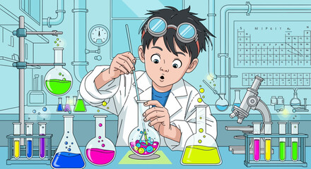 Young boy in lab coat conducting a science experiment with various colorful liquids.