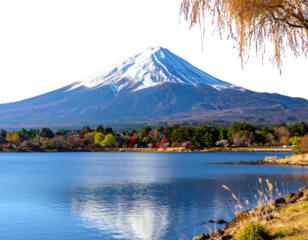 Mount Fuji with Snow-Capped Peak under Clear Blue Sky, panoramic landscape view, isolated transparent background png
