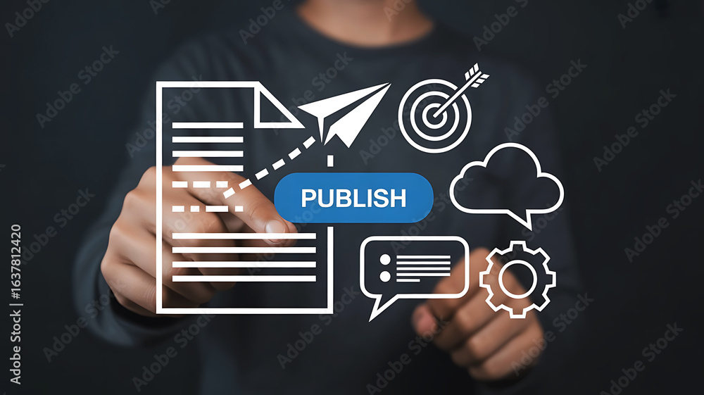 Poster person s finger pressing a publish button surrounded by digital icons representing content creation 