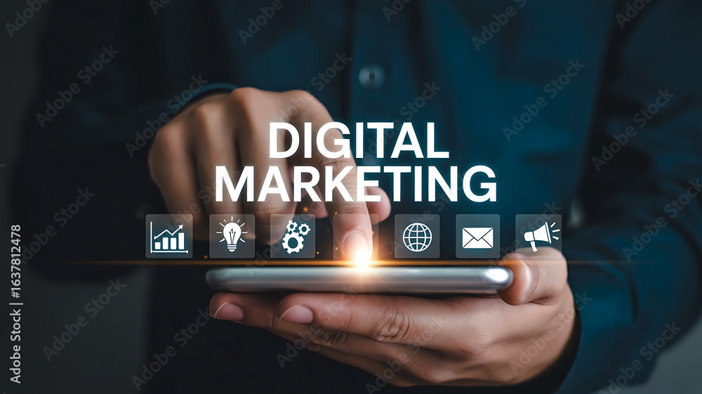 Aufkleber close up of hands holding a smartphone displaying digital marketing icons and text with a bright lig