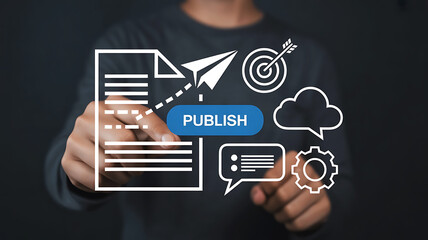 Person s finger pressing a publish button surrounded by digital icons representing content creation and business goals