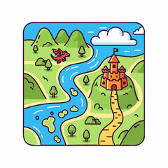 Colorful Flat Vector SVG Illustration of Fantasy Landscape with Castle Dragon River Trees Mountains Blue Sky Modern Style