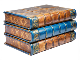 Two stacks of antique leather bound books with blue bindings isolated on white background PNG.AI Generated