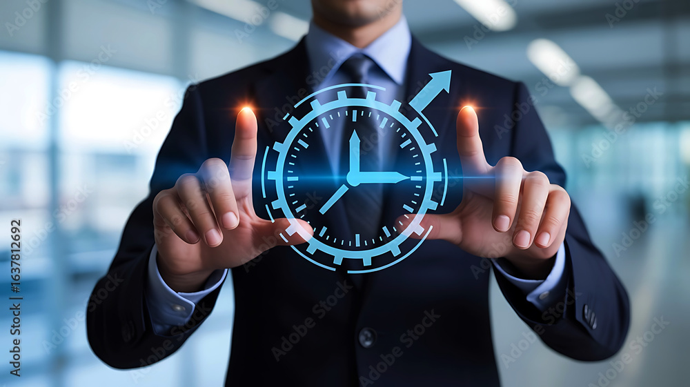 Poster businessman interacting with a glowing futuristic digital clock interface representing time manageme