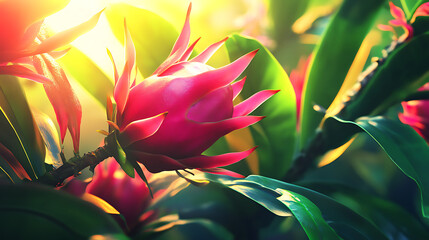 Dragon fruit flower sunlight close up