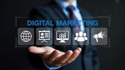 Fototapeta premium Businessman presenting digital marketing strategy with icons representing global reach analytics and customer engagement