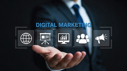 Businessman presenting digital marketing strategy with icons representing global reach data analysis and customer engagement