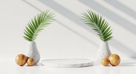 Obraz premium Minimalist Display with Marble Podium, Palm Leaves, Wood Balls and Shadow Play for Product Showcase