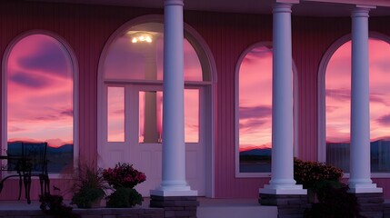 Pink porch with arched windows reflecting a vibrant sunset.