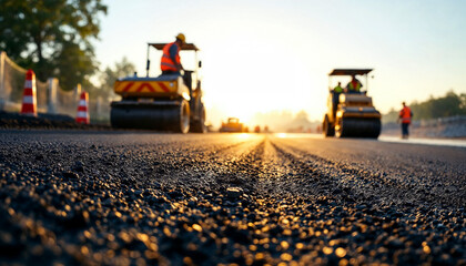 Low-angle view of fresh asphalt with workers and machinery in the background.
