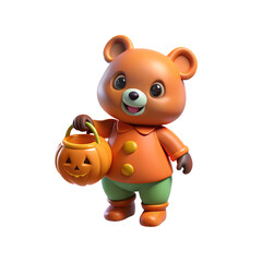 Naklejka premium Cute Baby Bear in Pumpkin Pajamas Holding Halloween Candy Bag