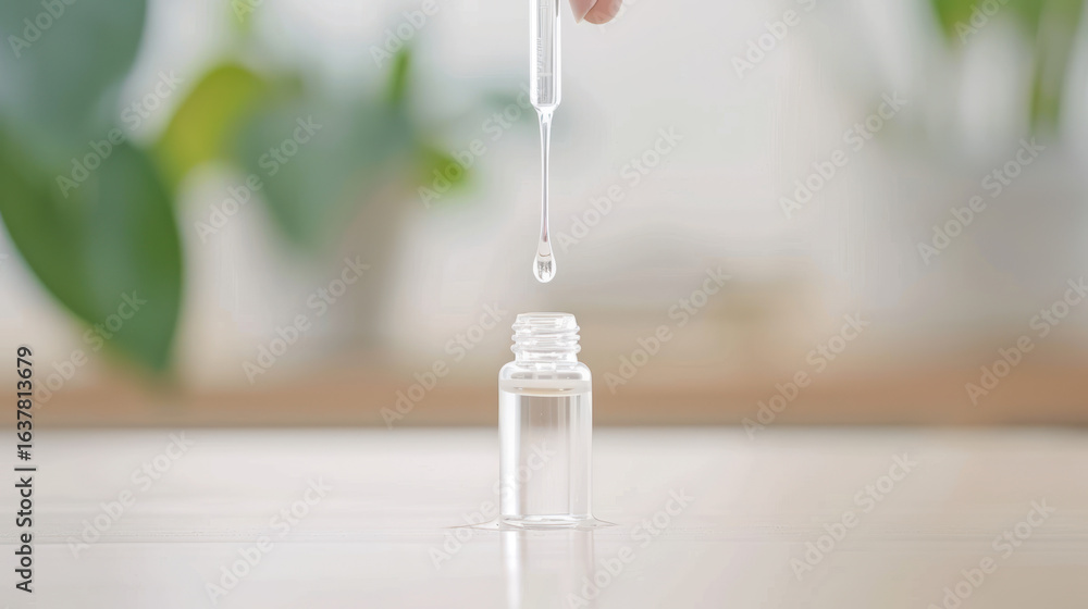 Poster Elegant hand dropping a clear liquid from a pipette into a transparent bottle against a soft and calming background of green plants