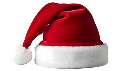 A professional, high-resolution photograph of a classic red Santa Claus hat made of plush velvet, featuring a white fur trim and a fluffy pompom. The hat is lit with soft, natural light against a simp