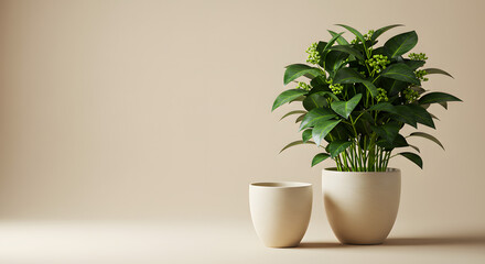 Fototapeta premium Elegant houseplant with lush foliage, a symbol of growth and tranquility, minimalist aesthetic in