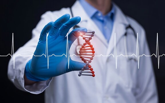 Scientist-blue-glove-holds-glowing-red-d-n-helix-with-heartbeat-graph-overlay 